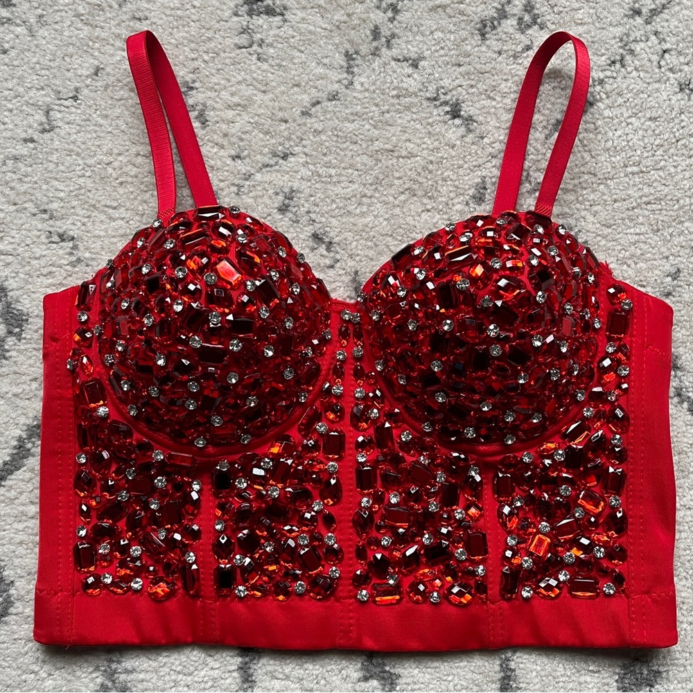 NWOT Red Bejeweled Rhinestone Crop Cami Top Longline Bustier Top Medium 6/8